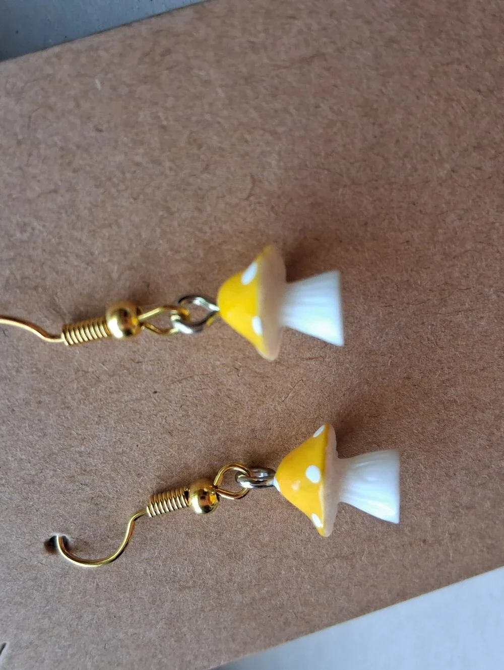Hand Crafted Yellow & White Mushroom Drop Earrings with Gold Hooks
